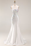 Sparkly Mermaid Halter White Satin Floral Beaded Long Prom Dress