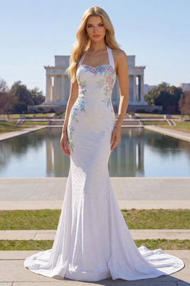 Sparkly Mermaid Halter White Satin Floral Beaded Long Prom Dress