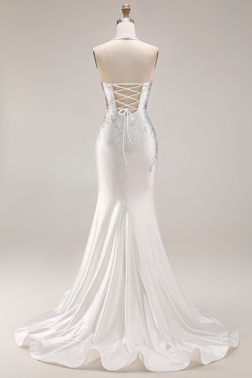 Sparkly Mermaid Halter White Satin Floral Beaded Long Prom Dress
