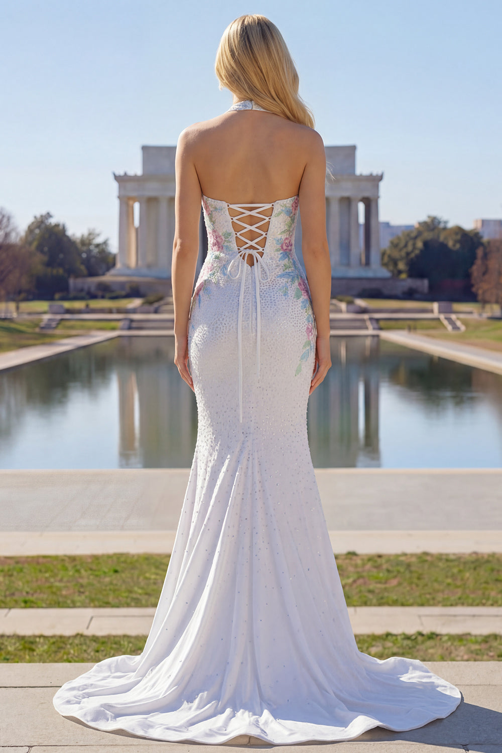 Sparkly Mermaid Halter White Satin Floral Beaded Long Prom Dress