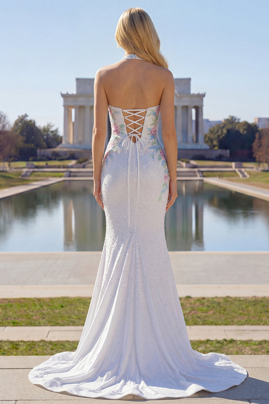 Sparkly Mermaid Halter White Satin Floral Beaded Long Prom Dress