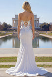 Sparkly Mermaid Halter White Satin Floral Beaded Long Prom Dress