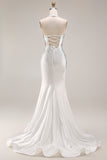 Sparkly Mermaid Halter White Satin Floral Beaded Long Prom Dress