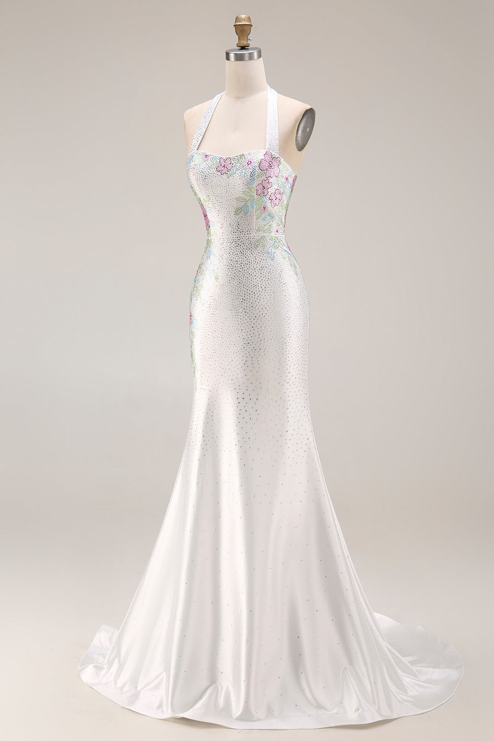 Sparkly Mermaid Halter White Satin Floral Beaded Long Prom Dress
