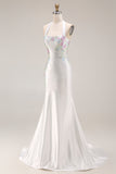 Sparkly Mermaid Halter White Satin Floral Beaded Long Prom Dress