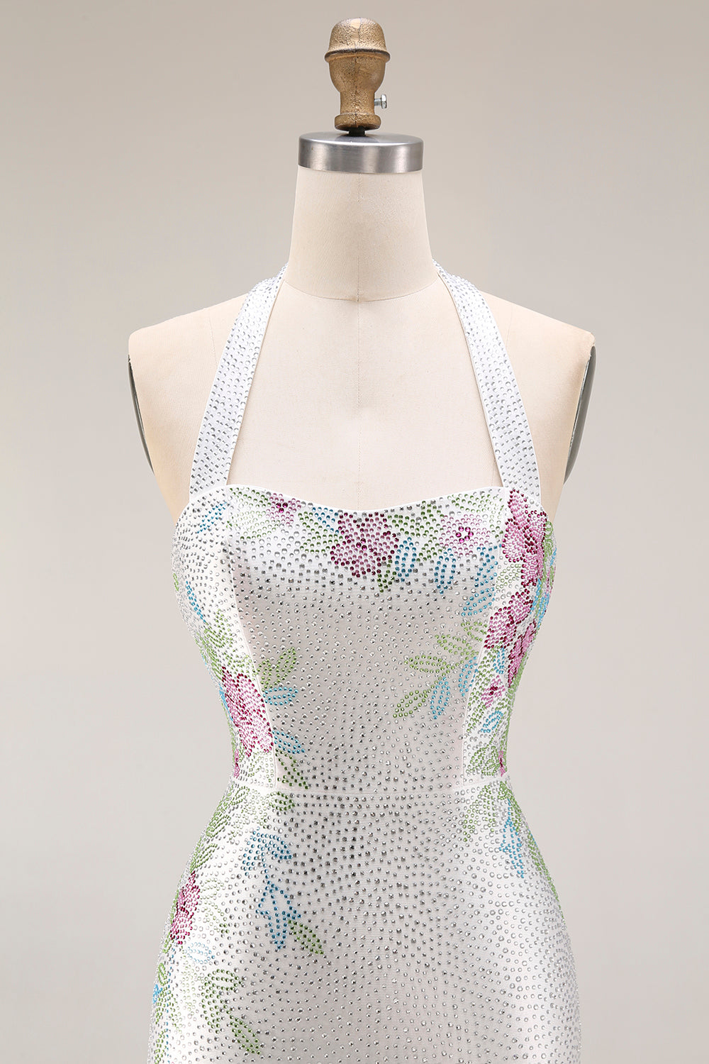 Sparkly Mermaid Halter White Satin Floral Beaded Long Prom Dress