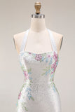 Sparkly Mermaid Halter White Satin Floral Beaded Long Prom Dress