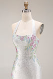 Sparkly Mermaid Halter White Satin Floral Beaded Long Prom Dress