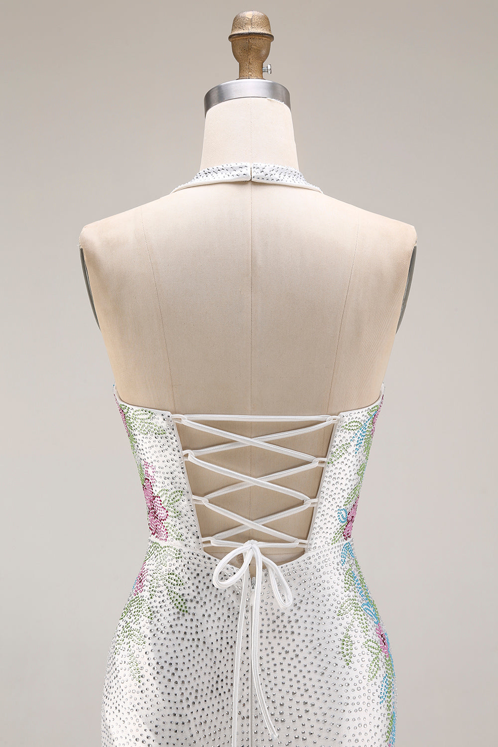 Sparkly Mermaid Halter White Satin Floral Beaded Long Prom Dress