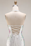 Sparkly Mermaid Halter White Satin Floral Beaded Long Prom Dress
