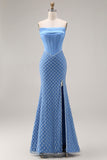 Blue Mermaid Strapless Long Corset Prom Dress with Slit
