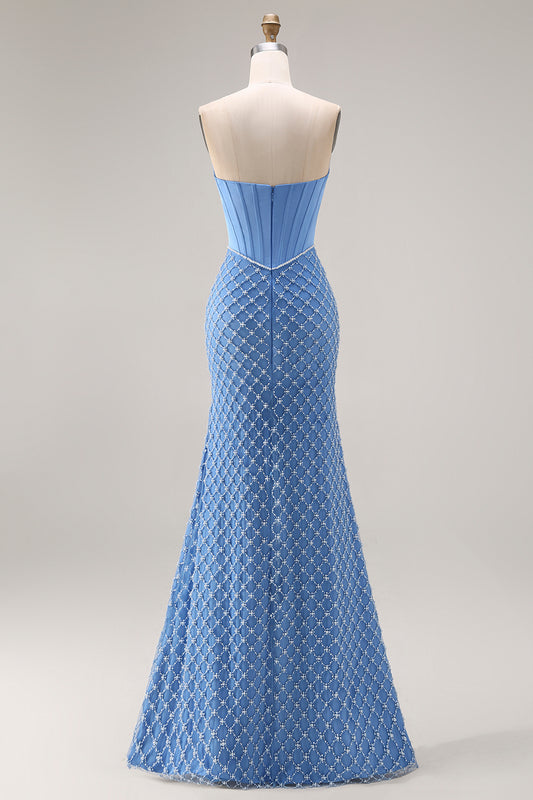 Blue Mermaid Strapless Long Corset Prom Dress with Slit