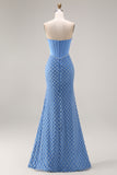 Blue Mermaid Strapless Long Corset Prom Dress with Slit