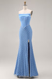 Blue Mermaid Strapless Long Corset Prom Dress with Slit