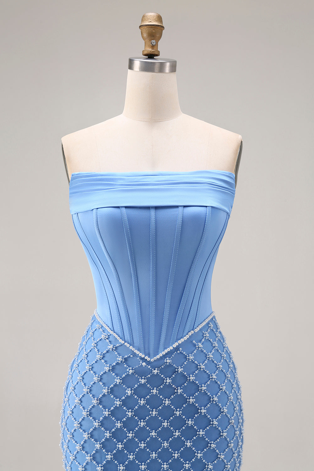 Blue Mermaid Strapless Long Corset Prom Dress with Slit