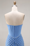 Blue Mermaid Strapless Long Corset Prom Dress with Slit
