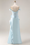 Light Blue Off the Shoulder Mermaid Long Prom Dress with Ruffles