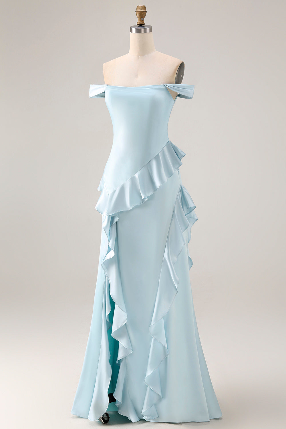 Zapakasa Women Light Blue Mermaid Long Prom Dress with Ruffles Off the Shoulder Satin Formal Dress with Slit Zapakasa Women Light Blue Mermaid Long Prom Dress with Ruffles Off the Shoulder Satin Formal Dress with Slit