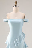 Light Blue Off the Shoulder Mermaid Long Prom Dress with Ruffles