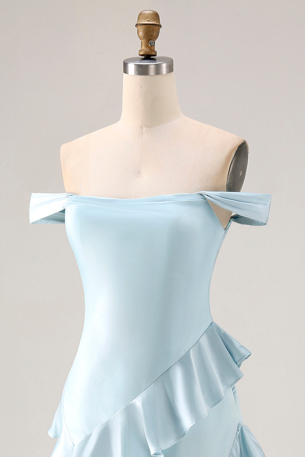 Light Blue Off the Shoulder Mermaid Long Prom Dress with Ruffles