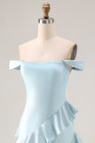 Light Blue Off the Shoulder Mermaid Long Prom Dress with Ruffles