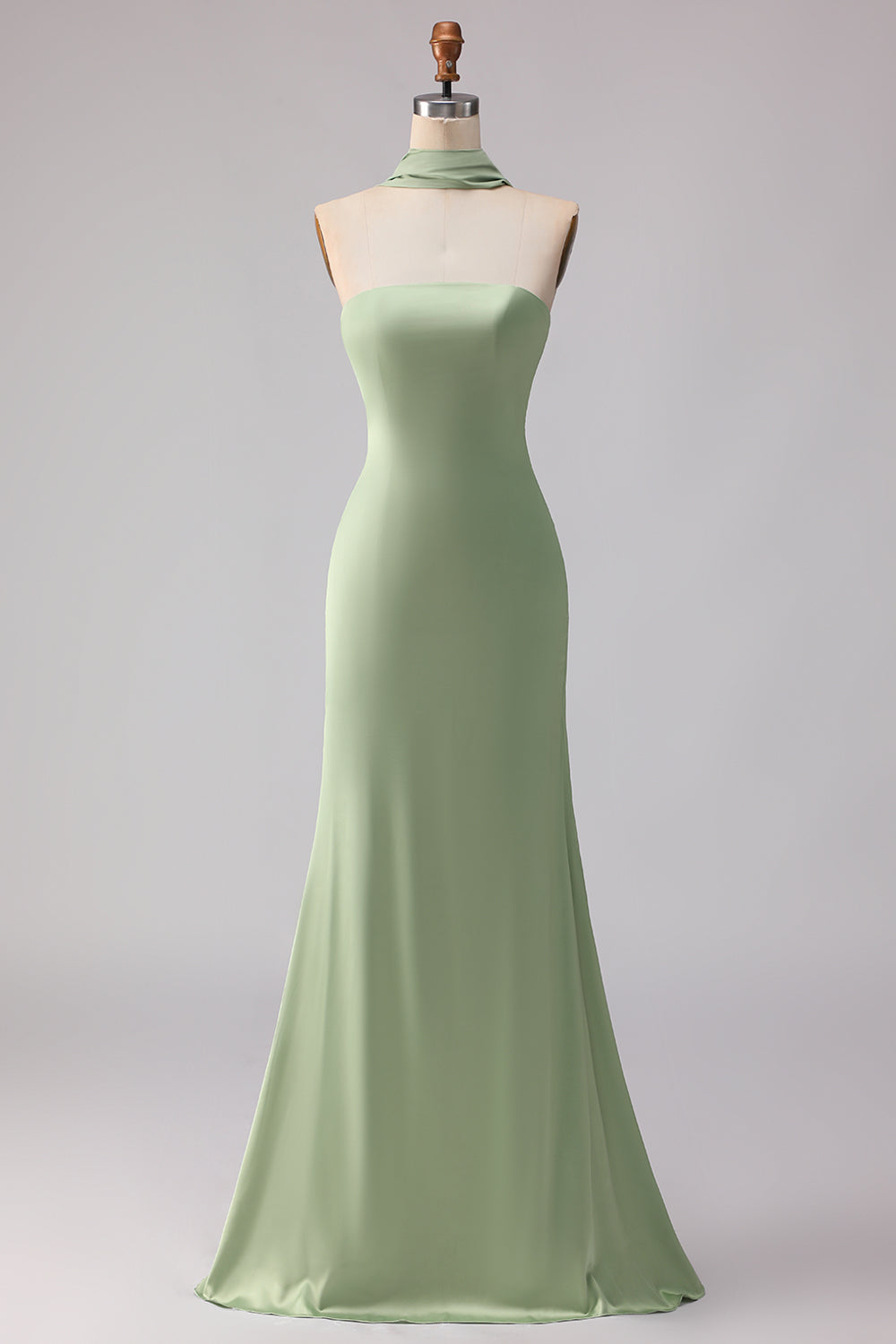 Dusty Sage Mermaid Neck Scarf Satin Long Bridesmaid Dress