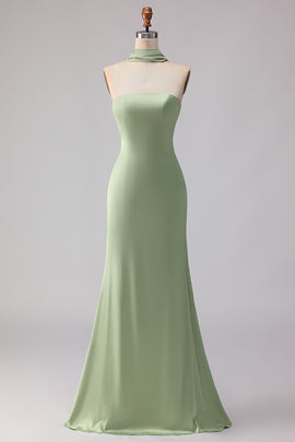 Dusty Sage Mermaid Neck Scarf Satin Long Bridesmaid Dress