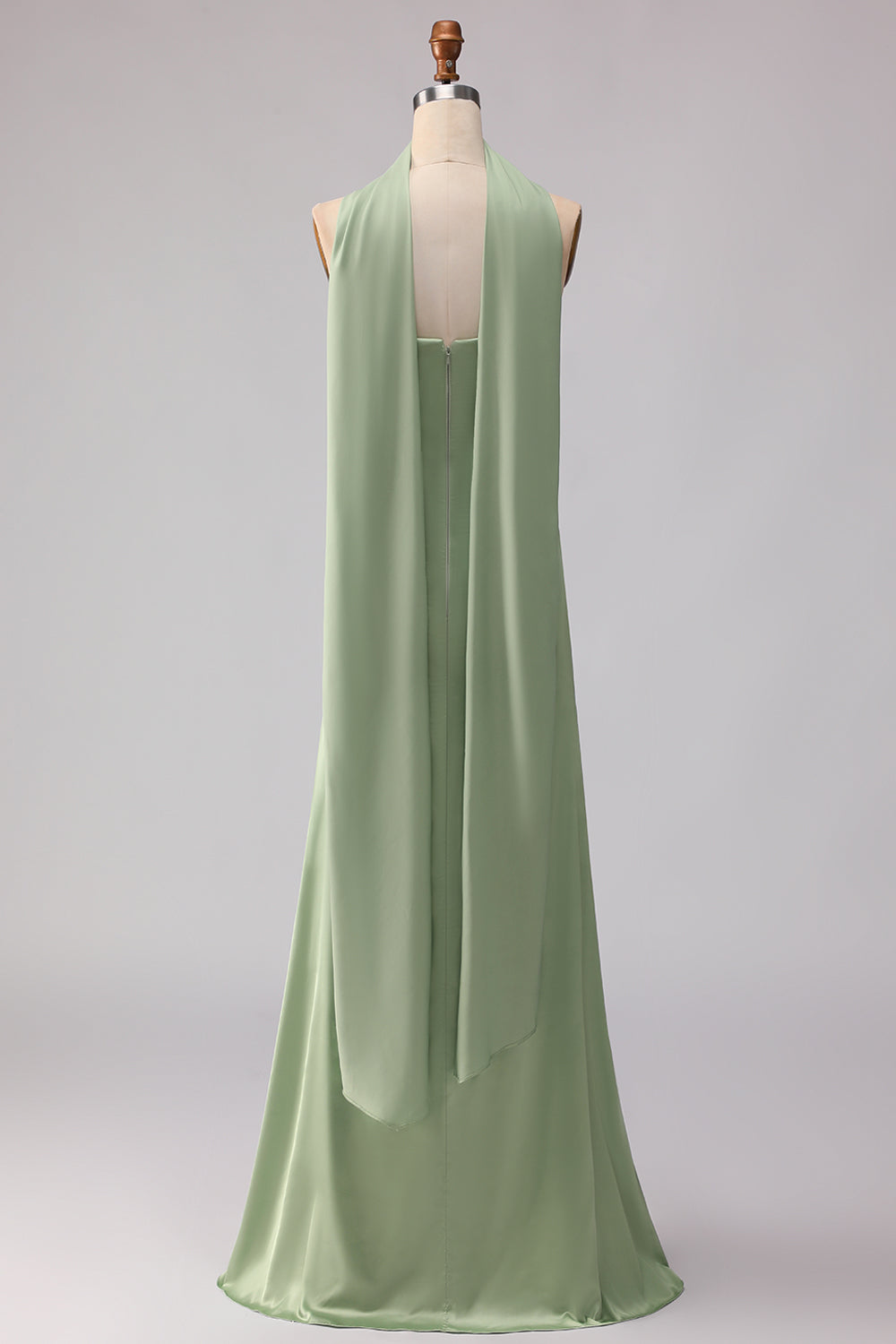 Dusty Sage Mermaid Neck Scarf Satin Long Bridesmaid Dress