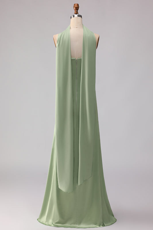 Dusty Sage Mermaid Neck Scarf Satin Long Bridesmaid Dress
