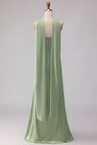 Dusty Sage Mermaid Neck Scarf Satin Long Bridesmaid Dress