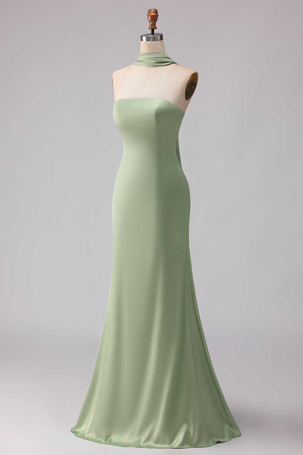 Dusty Sage Mermaid Neck Scarf Satin Long Bridesmaid Dress