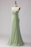 Dusty Sage Mermaid Neck Scarf Satin Long Bridesmaid Dress