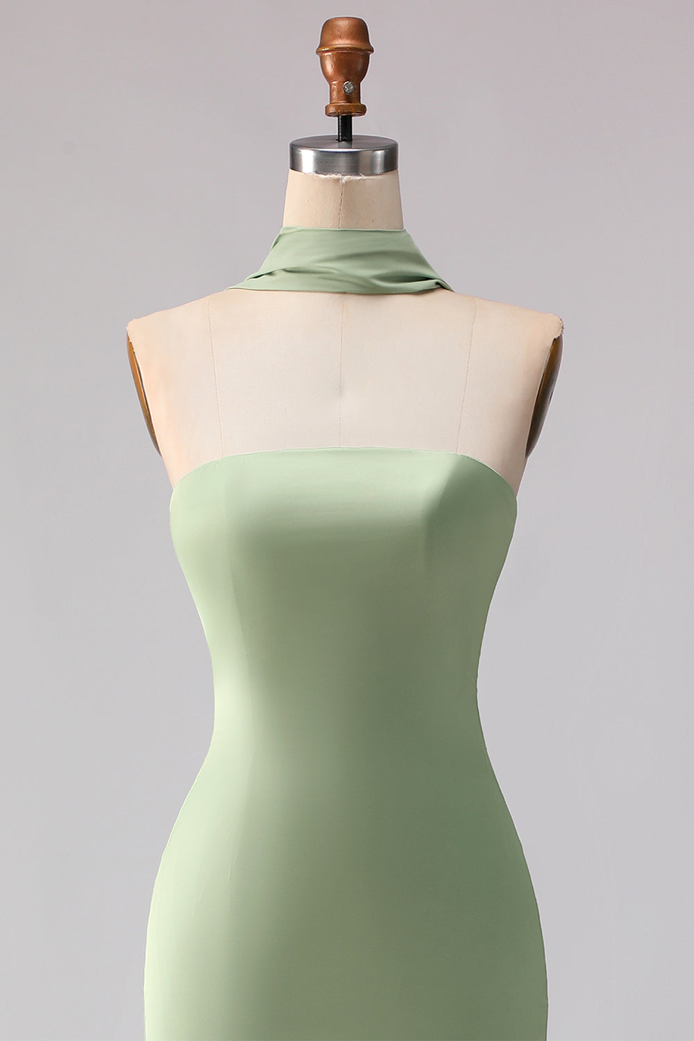 Dusty Sage Mermaid Neck Scarf Satin Long Bridesmaid Dress