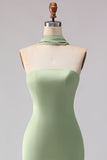 Dusty Sage Mermaid Neck Scarf Satin Long Bridesmaid Dress