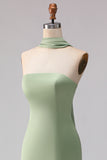 Dusty Sage Mermaid Neck Scarf Satin Long Bridesmaid Dress
