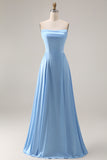 Strapless Corset Steel Blue A Line Long Bridesmaid Dress