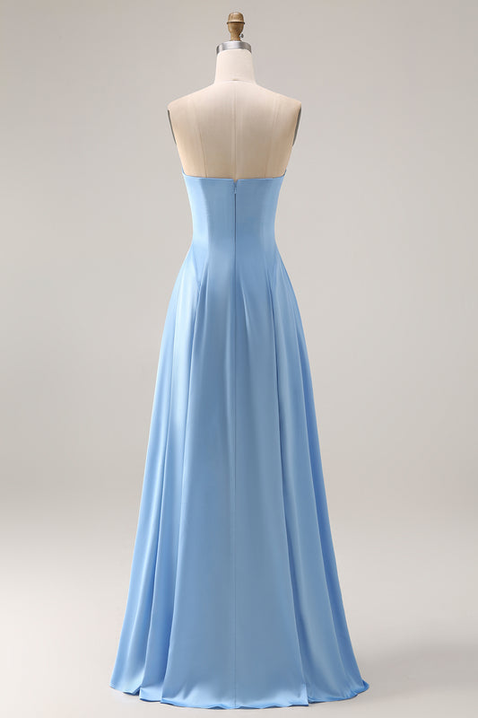 Strapless Corset Steel Blue A Line Long Bridesmaid Dress
