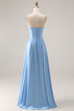 Strapless Corset Steel Blue A Line Long Bridesmaid Dress