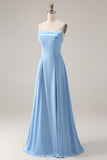Strapless Corset Steel Blue A Line Long Bridesmaid Dress