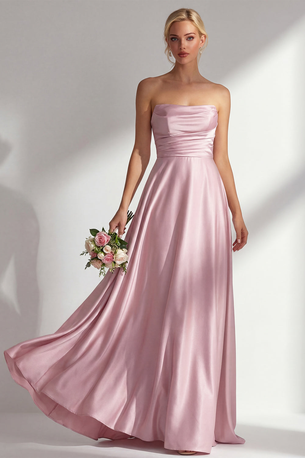 Dusty Rose Satin Strapless A Line Long Bridesmaid Dress