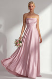 Dusty Rose Satin Strapless A Line Long Bridesmaid Dress