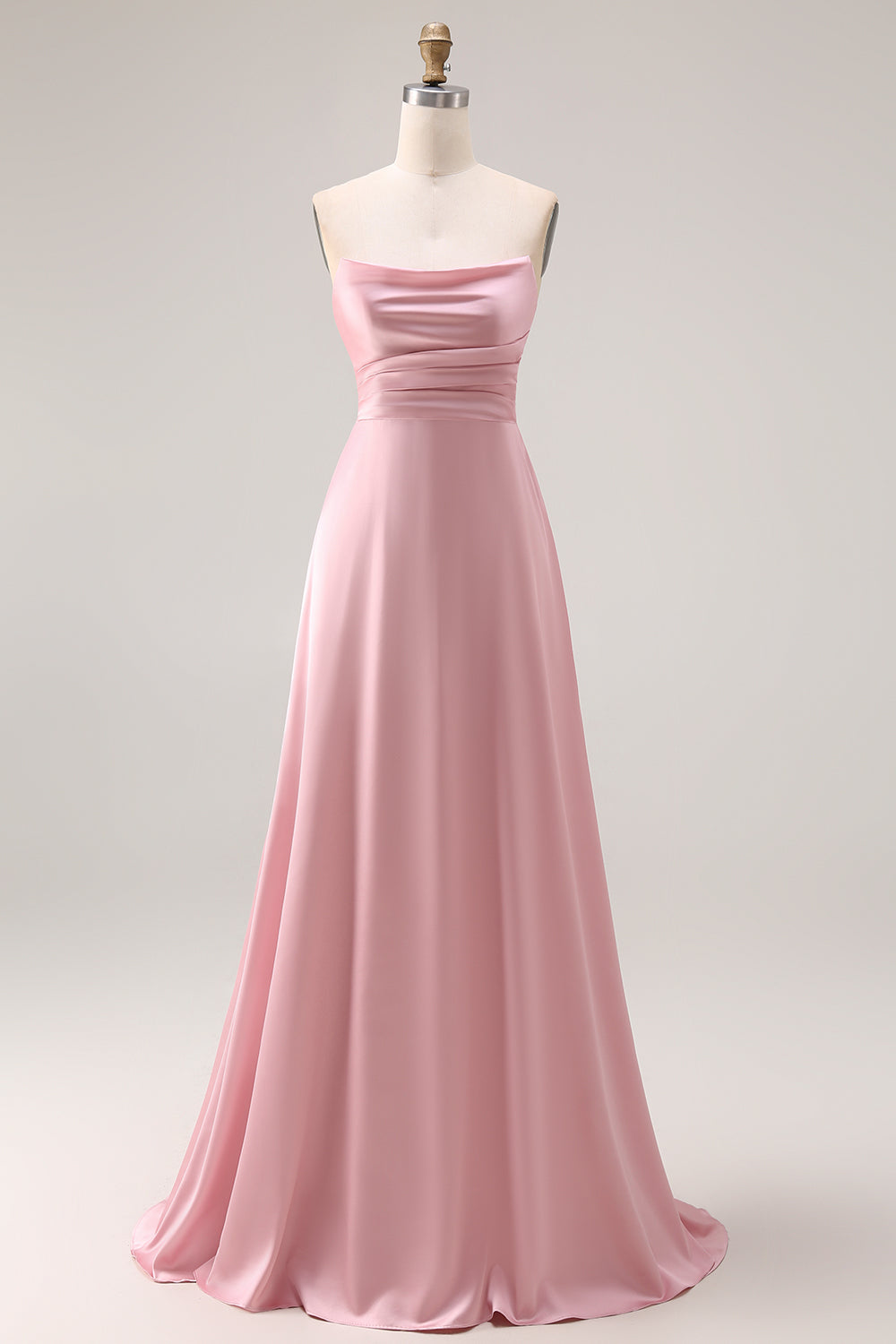 Dusty Rose Satin Strapless A Line Long Bridesmaid Dress