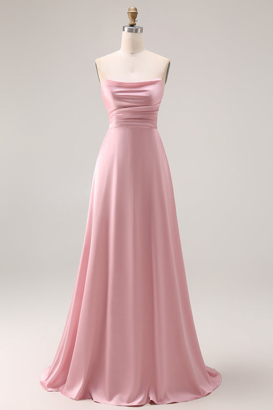 Dusty Rose Satin Strapless A Line Long Bridesmaid Dress