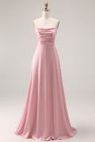Dusty Rose Satin Strapless A Line Long Bridesmaid Dress