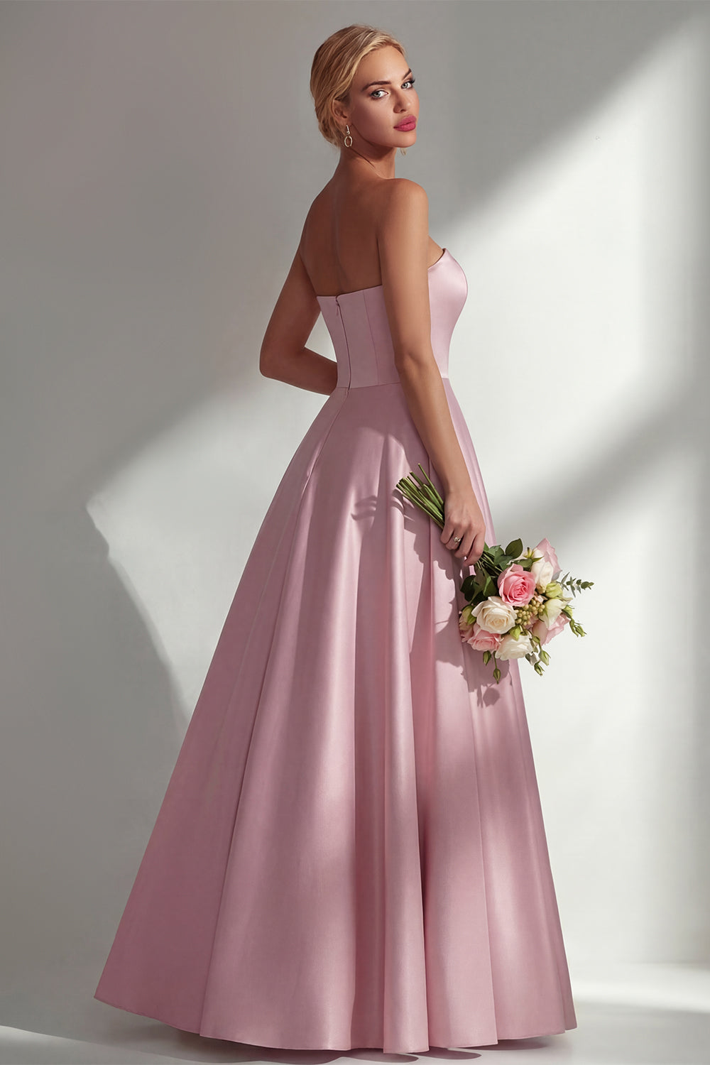 Dusty Rose Satin Strapless A Line Long Bridesmaid Dress
