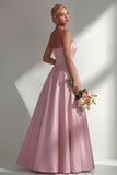 Dusty Rose Satin Strapless A Line Long Bridesmaid Dress