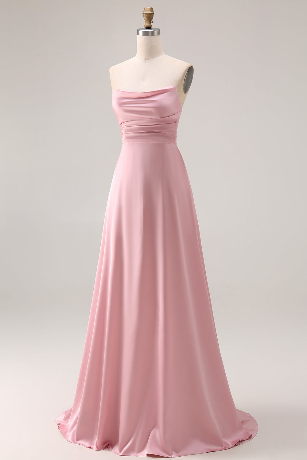 Dusty Rose Satin Strapless A Line Long Bridesmaid Dress