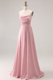 Dusty Rose Satin Strapless A Line Long Bridesmaid Dress