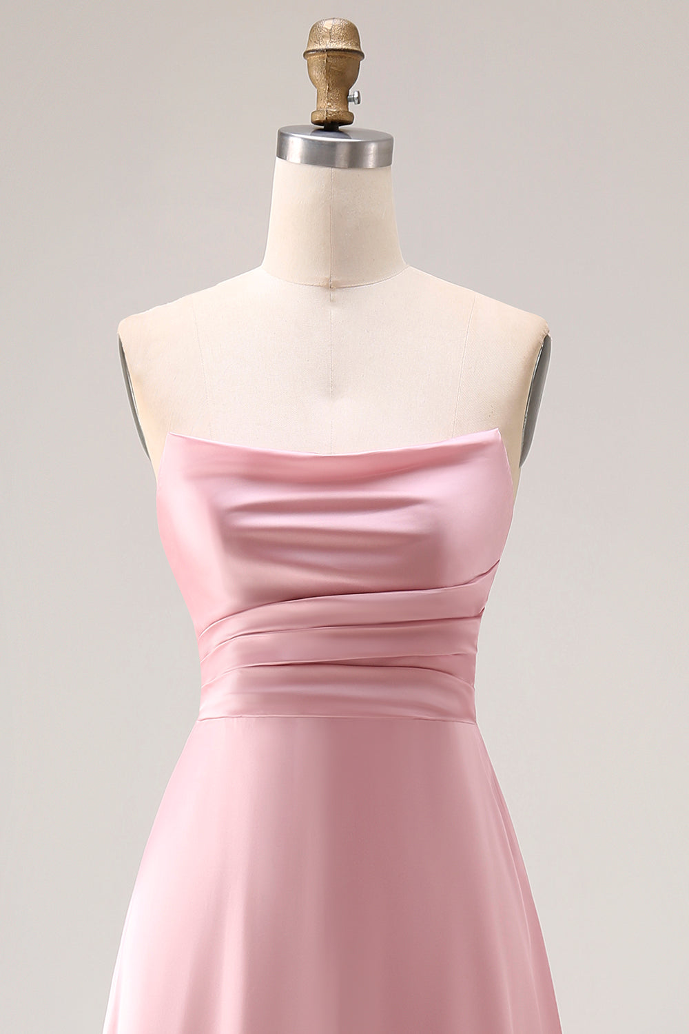 Dusty Rose Satin Strapless A Line Long Bridesmaid Dress