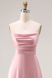 Dusty Rose Satin Strapless A Line Long Bridesmaid Dress